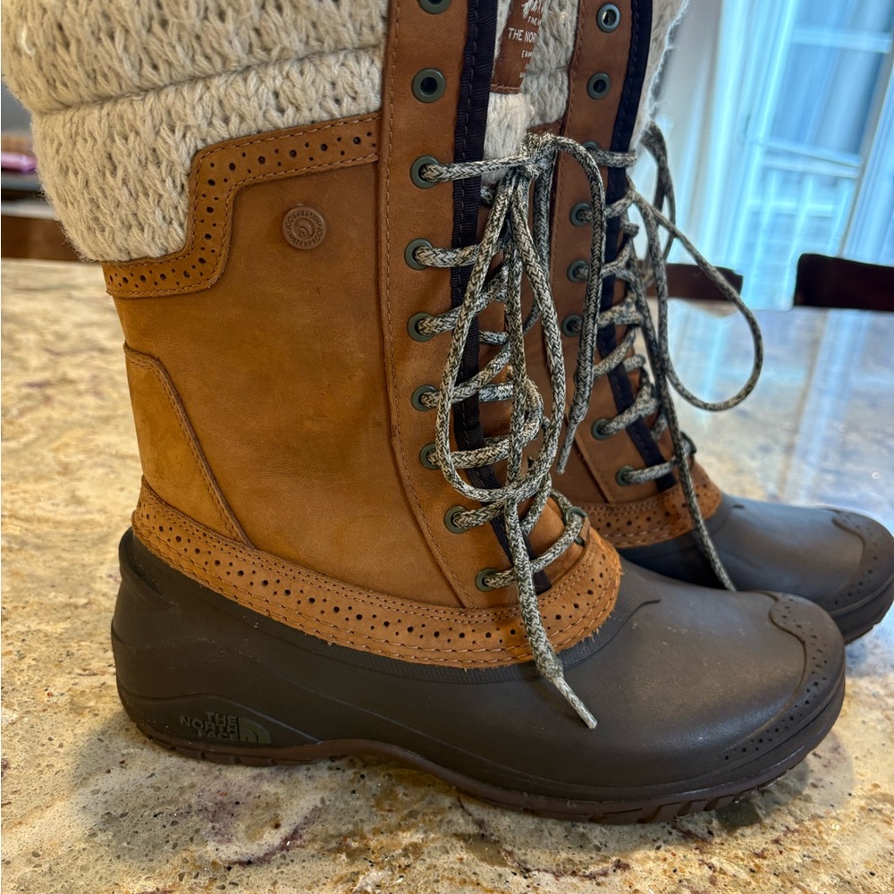 The North Face Brown and Black Winter Boots with Knit Cuff- gently used